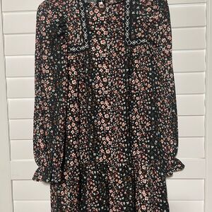 Zara Black Floral Midi Dress with Pink and White Flowers